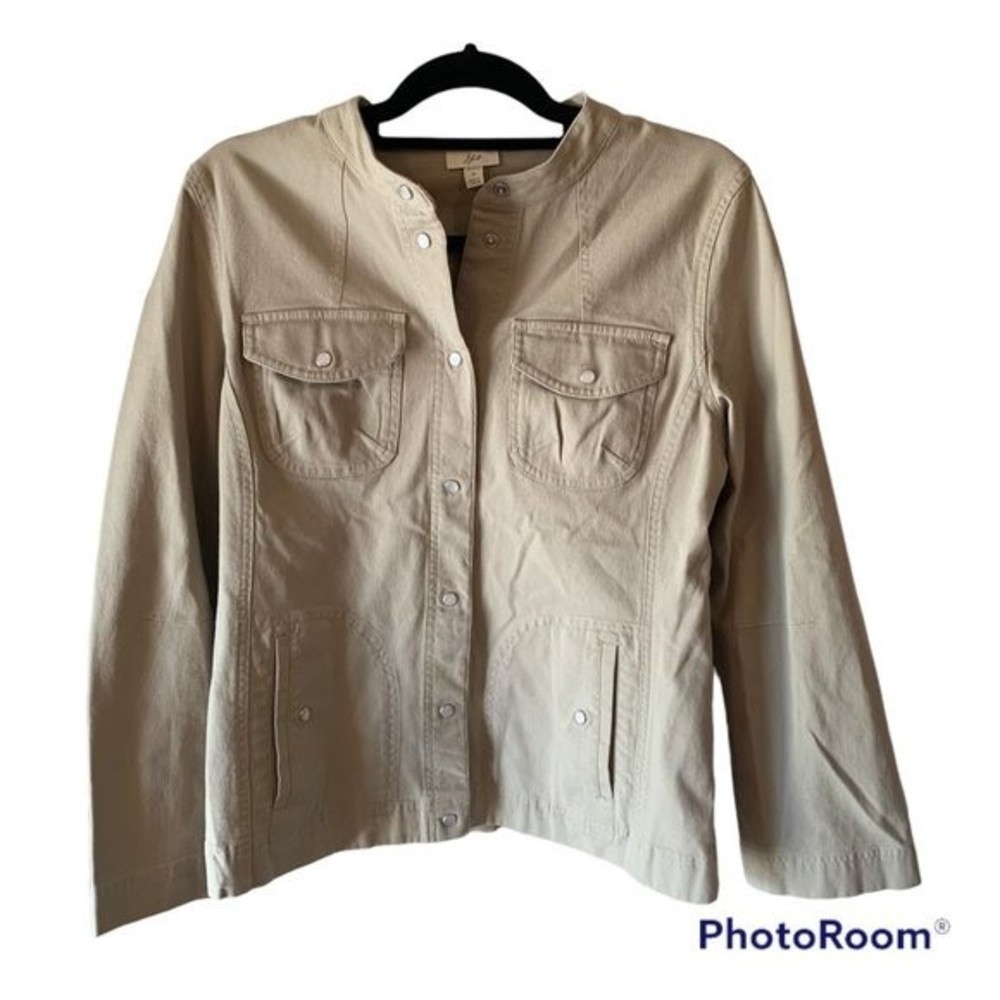 J. Jill Khaki Tan Stretch Canvas Faux Pearl Snap Button Jacket Size Small